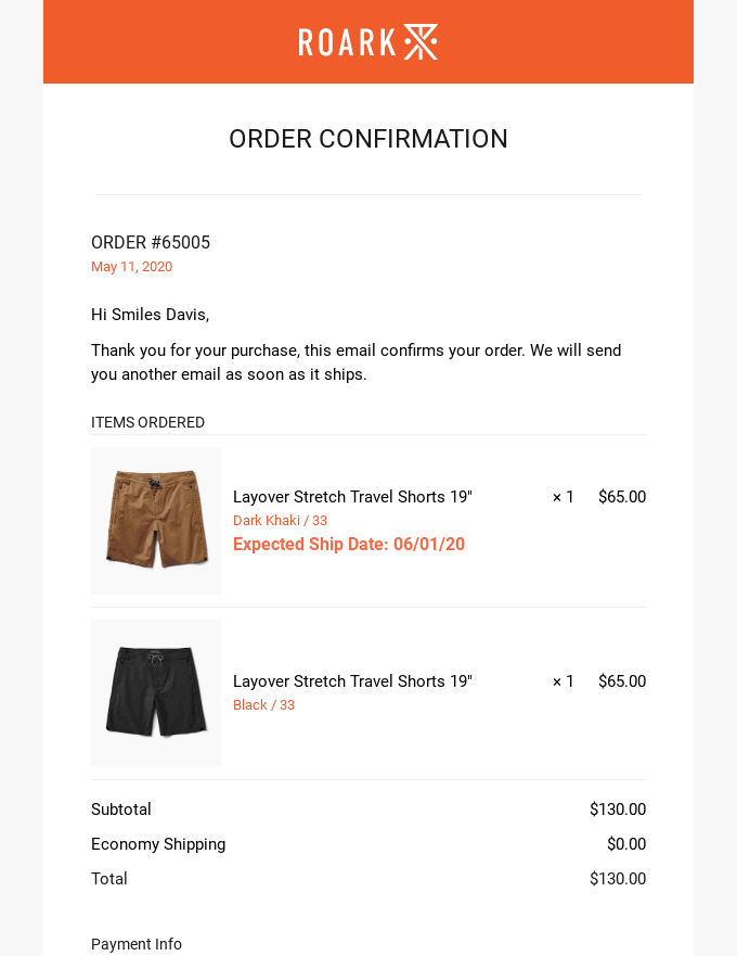 A confirmation order email by Roark