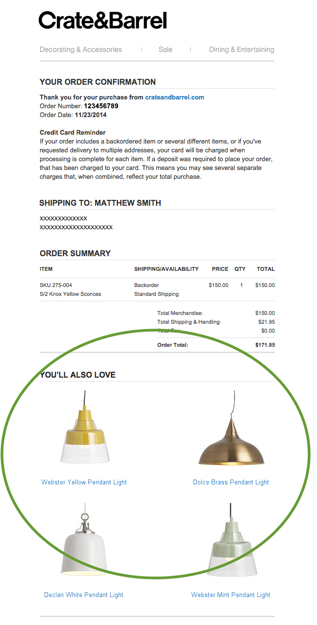 An example of an upsell proposal by Crate & Barrel