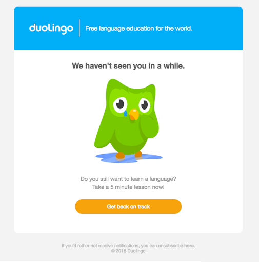 Winback Email Campaign by Duolingo
