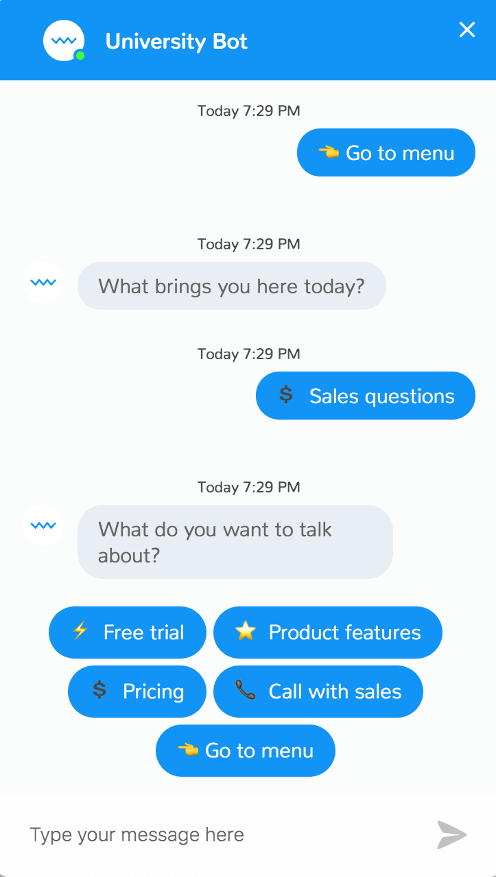 Chatbot dialogue window. The chatbot asks what the user wants to talk about while offering options like learning about product features, pricing, and free trial or having a call with sales and returning to the menu.