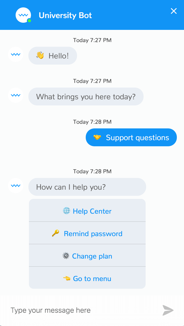 Another chatbot dialogue window. A user has questions related to support. The chatbot asks how it can help and provides four options right away: open the Help Center, remind password, change the plan, or return to the menu.