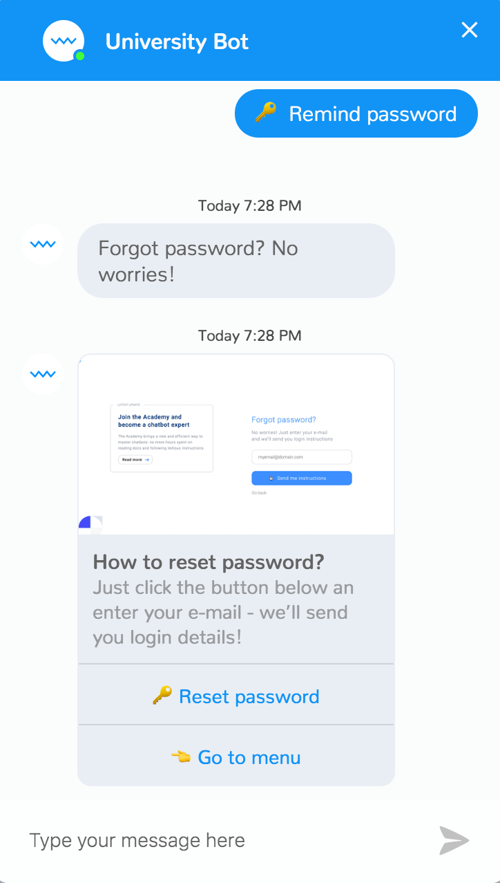 Chatbot dialogue window. The user selects the option “Remind password,” and the bot fetches an article on how to reset a password, implying that the user might have forgotten the current one. The bot then offers two new options: either reset the password, or return to the menu.