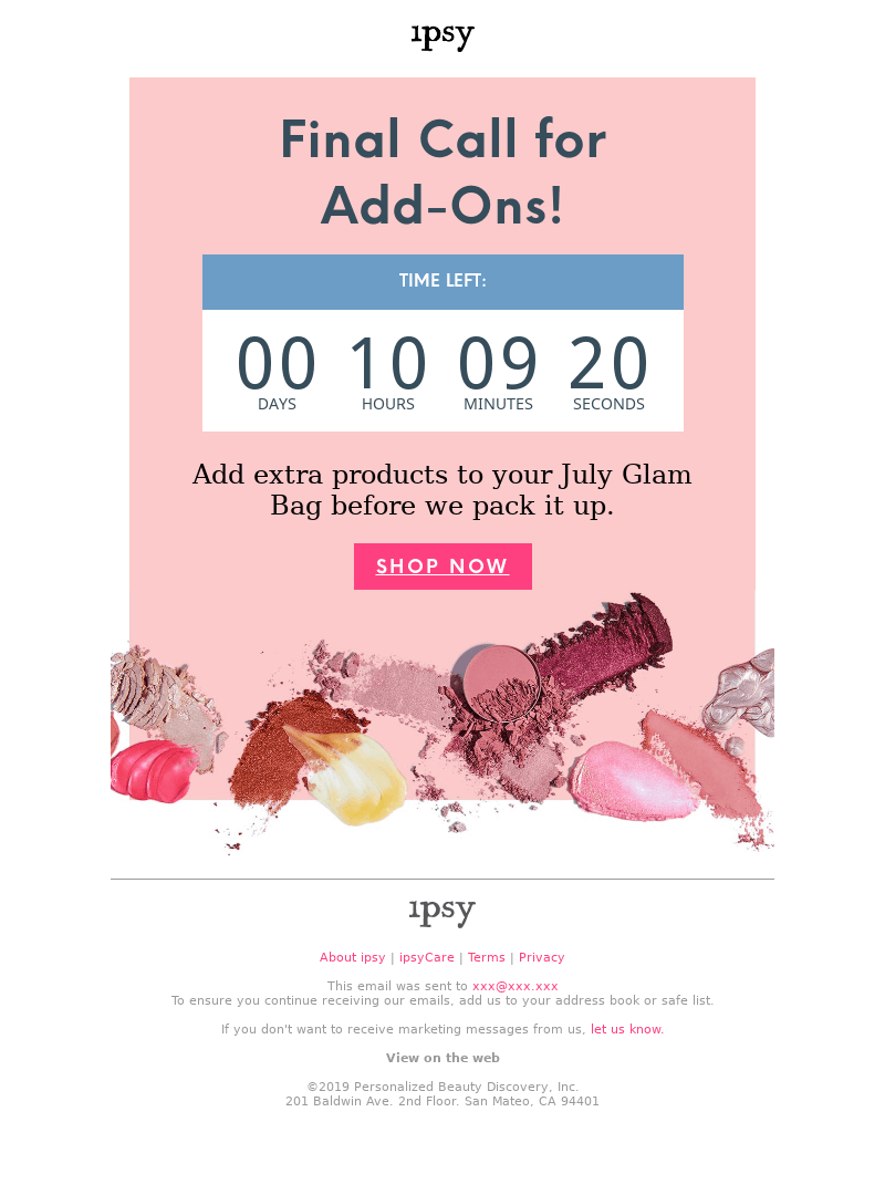 IPSY upsell email with a countdown GIF