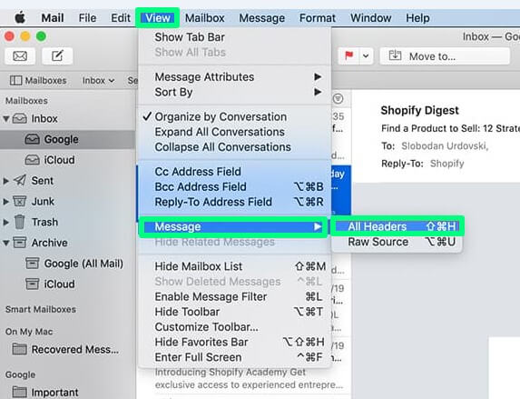 Email header preview in Apple Mail
