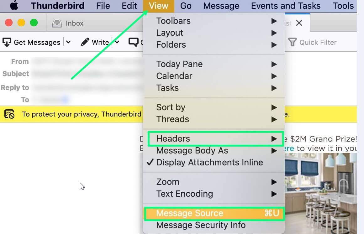 Email header preview in Mozilla Thunderbird