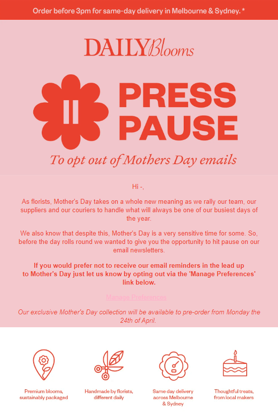 Alt=Mother’s Day opt-out email from Daily Blooms