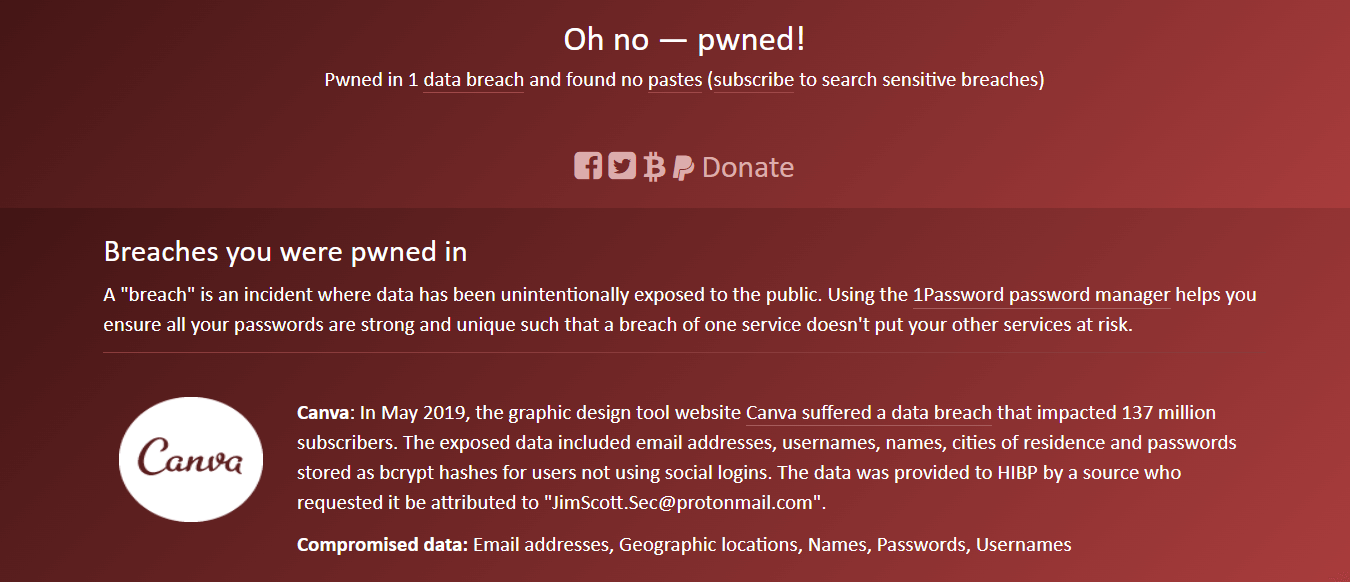 A screenshot from the Have I Been Pwned? website