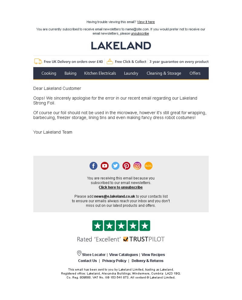 An apology email from Lakeland