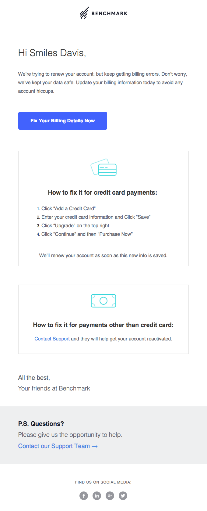 Benchmark email about credit card information