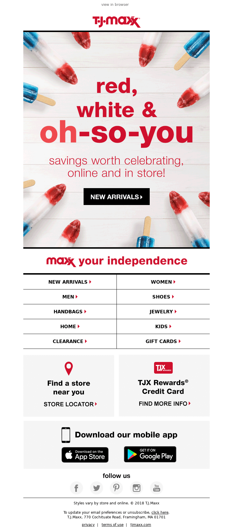 Independence Day email from TJMaxx