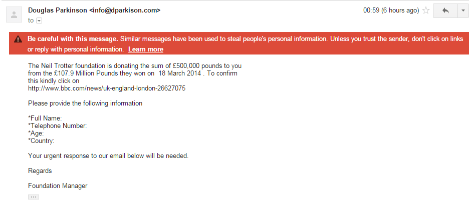 A spam email that asks for personal information