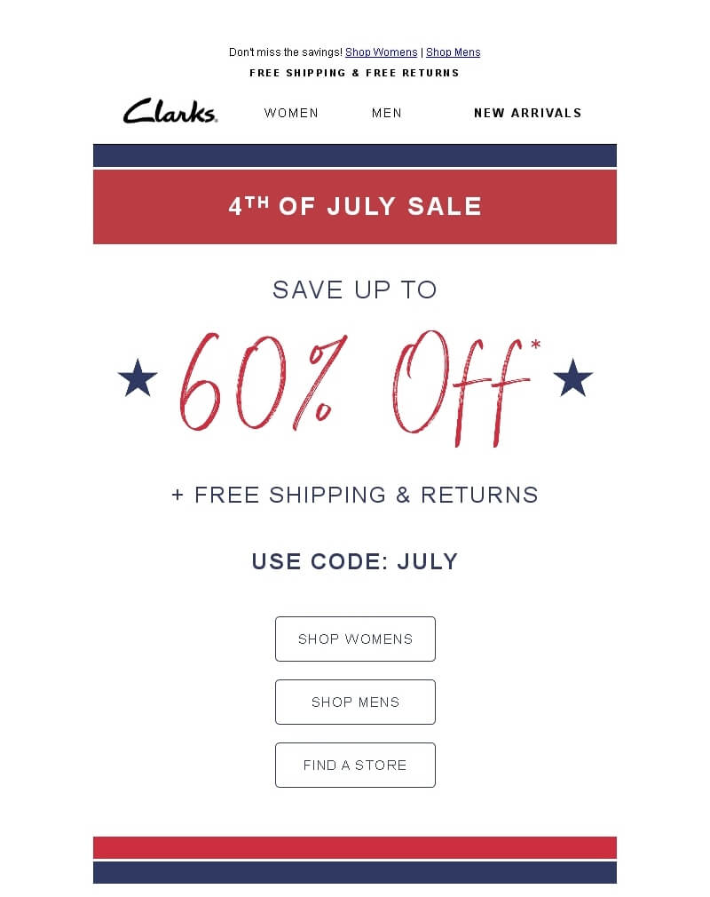 Independence Day email from Clarks