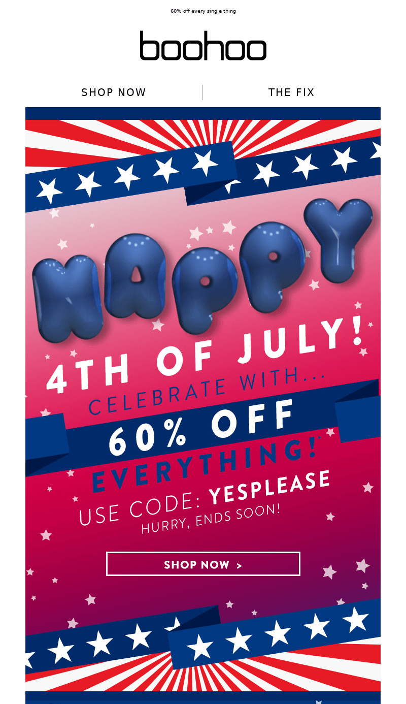 Independence Day email from Boohoo