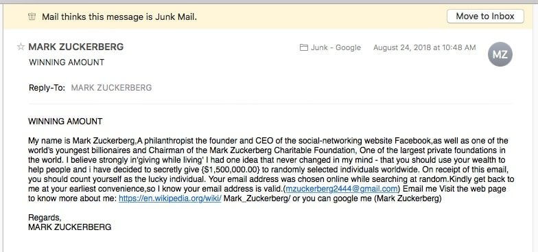 A spam email from Mark Zuckerberg