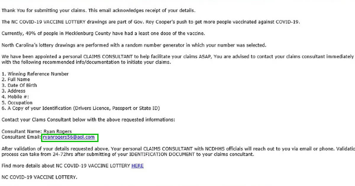 COVID-19 vaccine lottery spam email