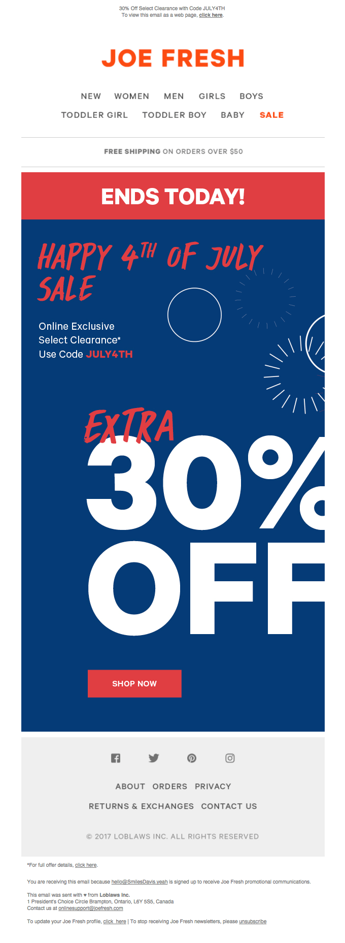 Independence Day sales email from Joe Fresh
