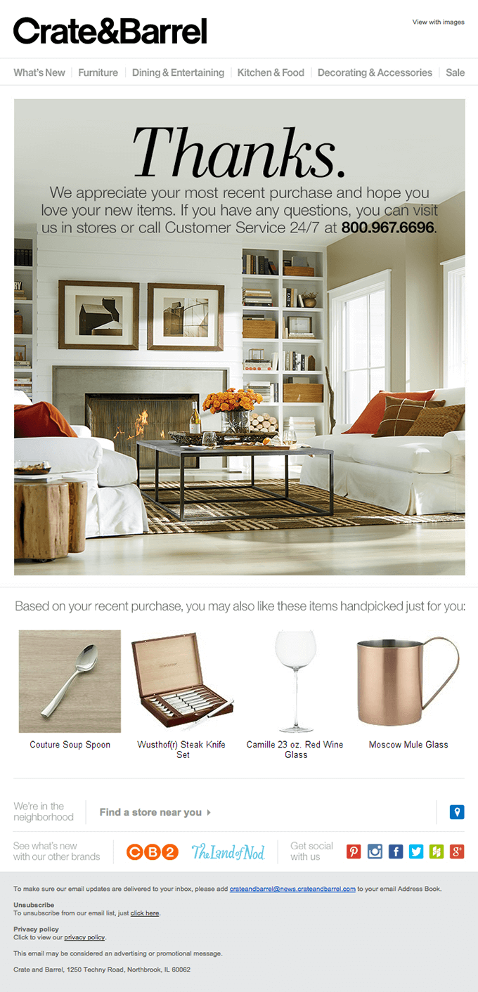 A confirmation email with cross-selling from Crate and Barrel