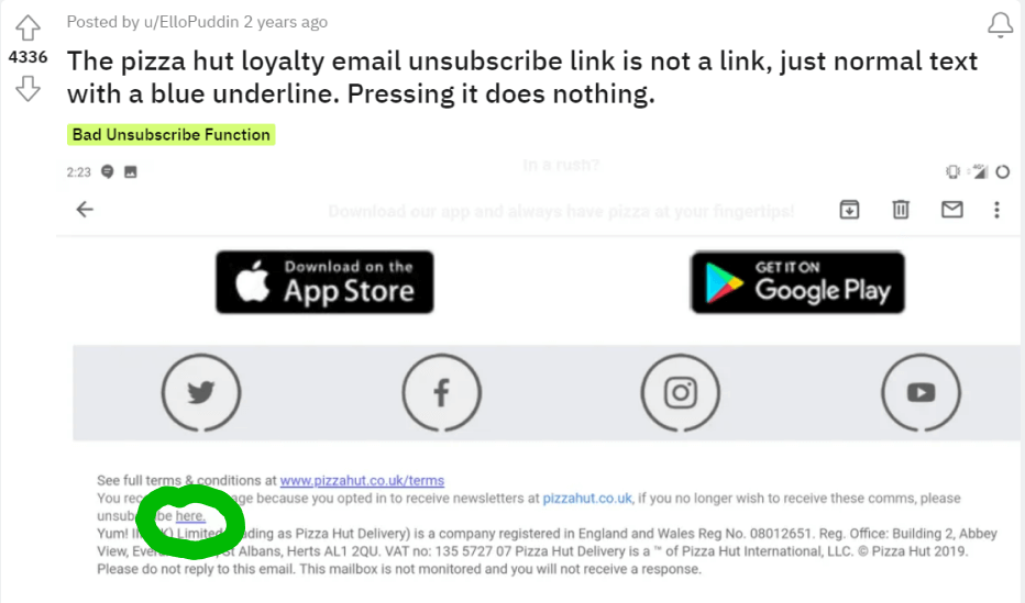 an email with a bad unsubscribe link