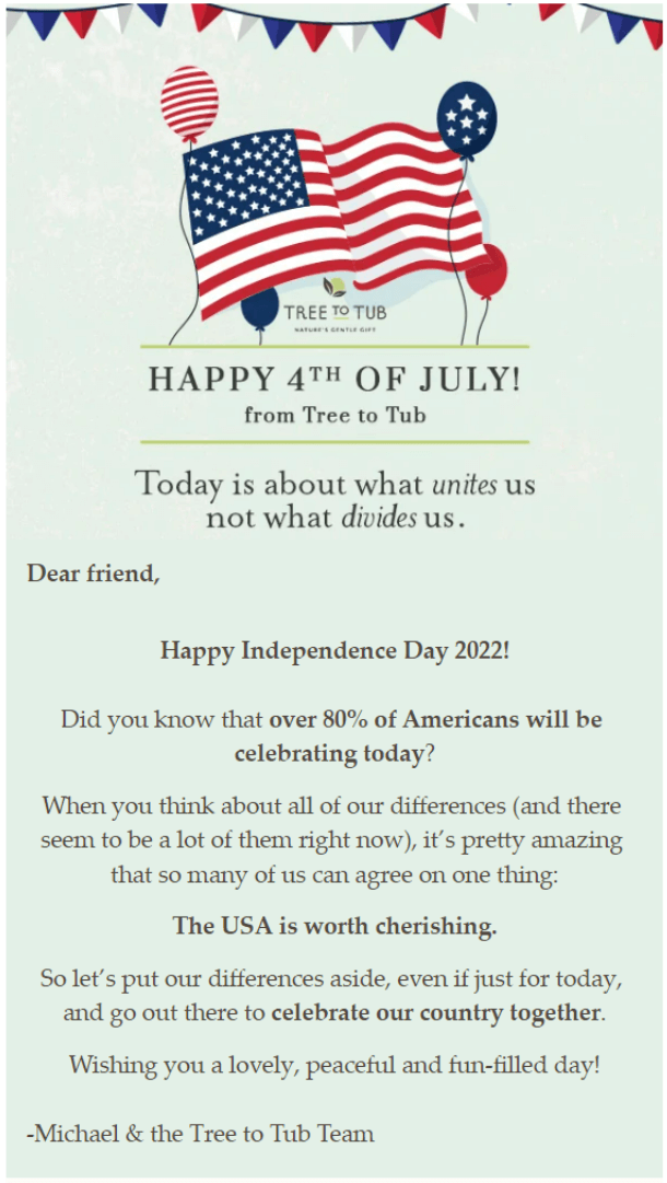 Independence Day email from Tree to Tub