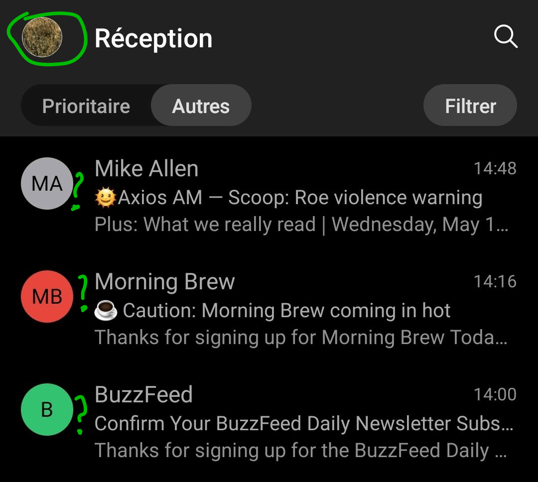 An Outlook inbox screenshots with emails from Mike Allen, Morning Brew, and Buzzfeed, all of them have autogenerated avatars (letters in circles) despite having custom avatars in other email clients