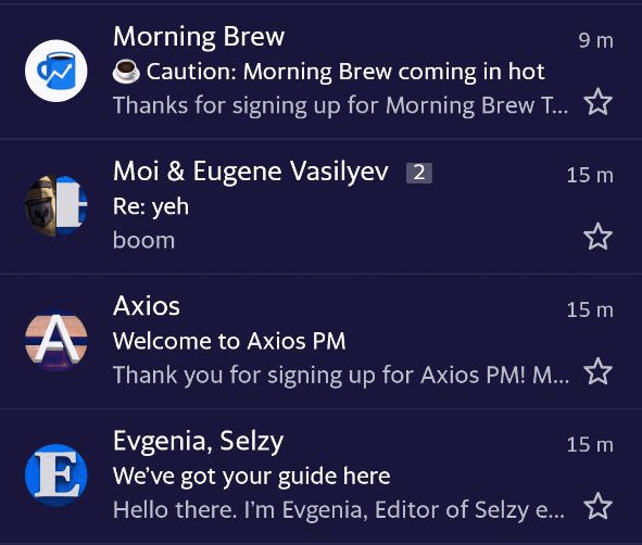 A Yahoo inbox screenshot with emails from senders: Morning Brew, a chat with Eugene Vasilyev, Axios, and Evgenia, Selzy. Axios and Evgenia have bold stylized letters in different display-style fonts and colors as avatars