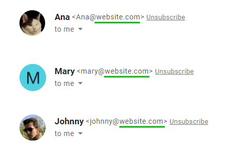 A list of email senders using the same domain but having different avatars: a picture of a cat, an autogenerated avatar which is the letter M in a light blue circle, and a portrait of a man wearing sunglasses