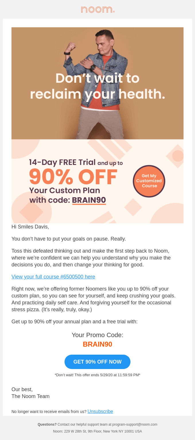 Win-back email with promo from Noom