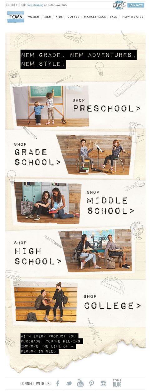 Email from TOMS that promotes items for preschool, grade school, middle school, and college, and uses school-related items (backpacks and stationery) and fonts that imitate handwriting to create the back-to-school atmosphere