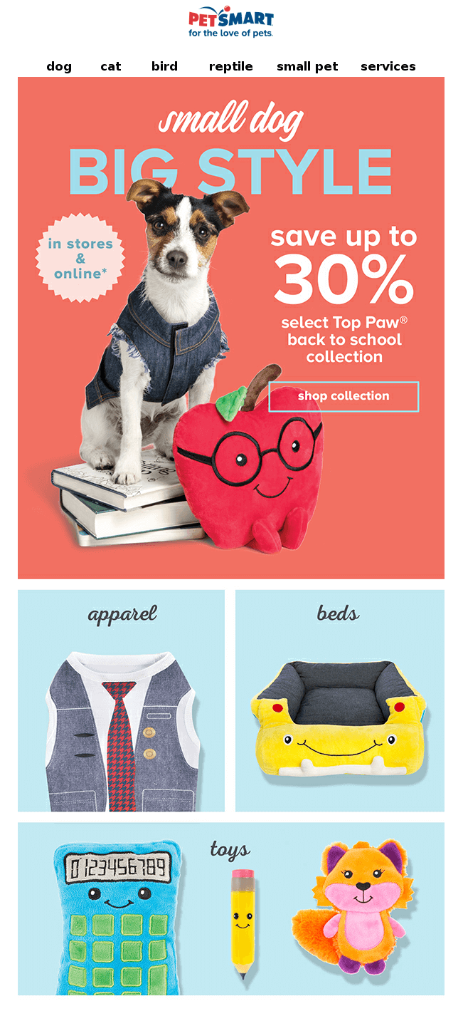 Back to school email from PetSmart that promotes dog toys, beds, and costumes with designs loosely related to school like apparel resembling a uniform and stationery-shaped toys