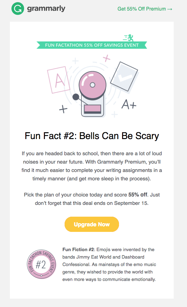 A funny back-to-school email from Grammarly with a copy that includes a fake “fun fact” that emojis were invented by emo bands and a 55% discount on paid plans