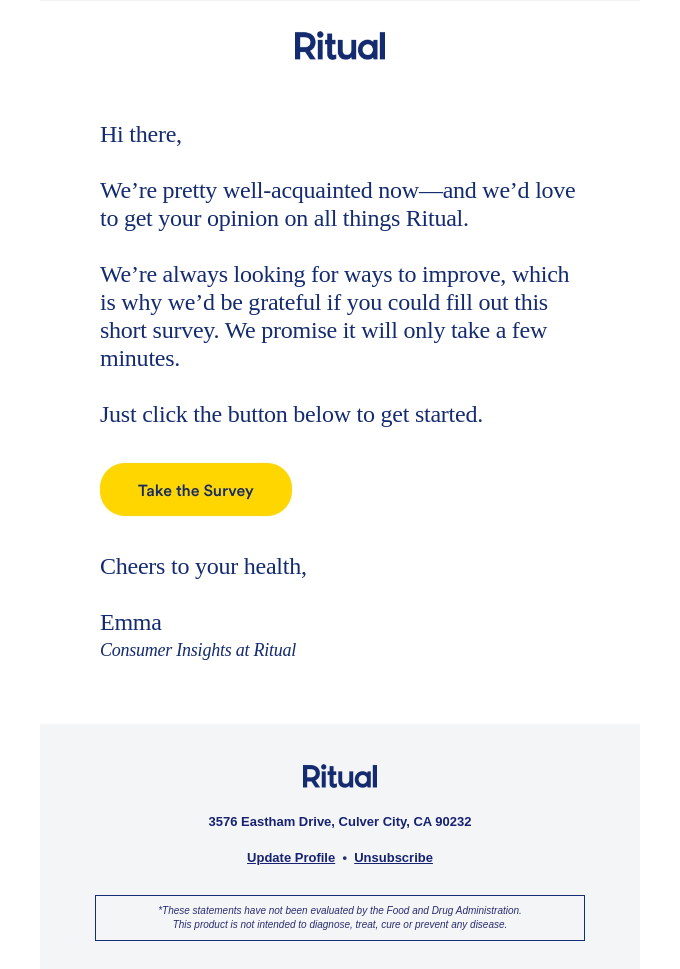 Improvement survey email from Ritual