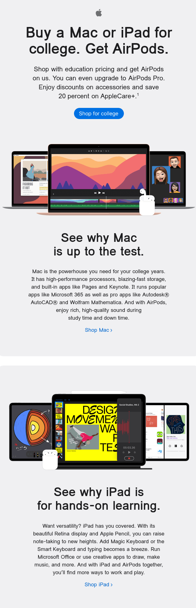 An email from Apple that promotes buying their products for college with a tagline “Mac is the powerhouse you need for college years”