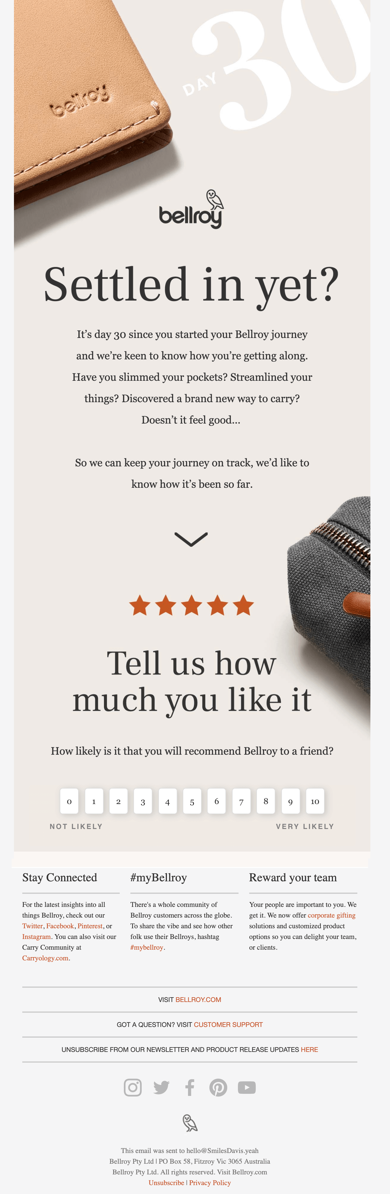 Post-purchase email from Bellroy