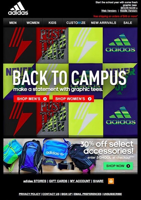 An email from Adidas that promotes a sale of clothing and accessories with a tagline “Back to campus”