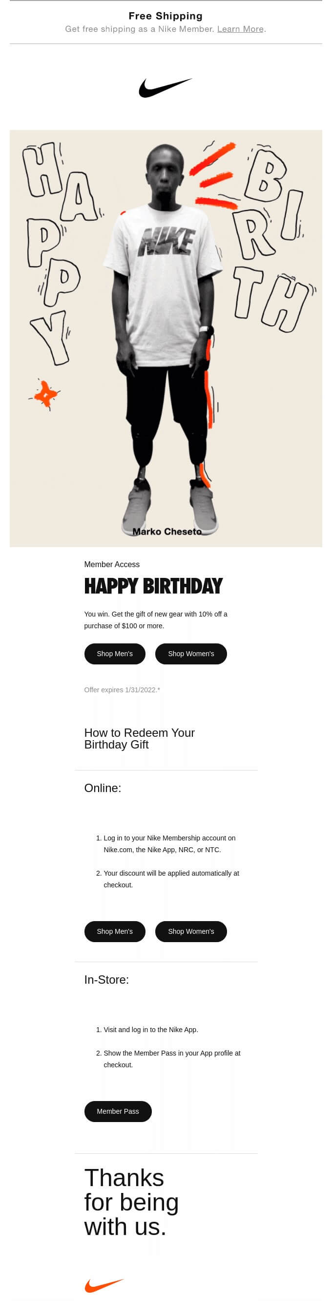 Birthday greeting email from Nike with promo code