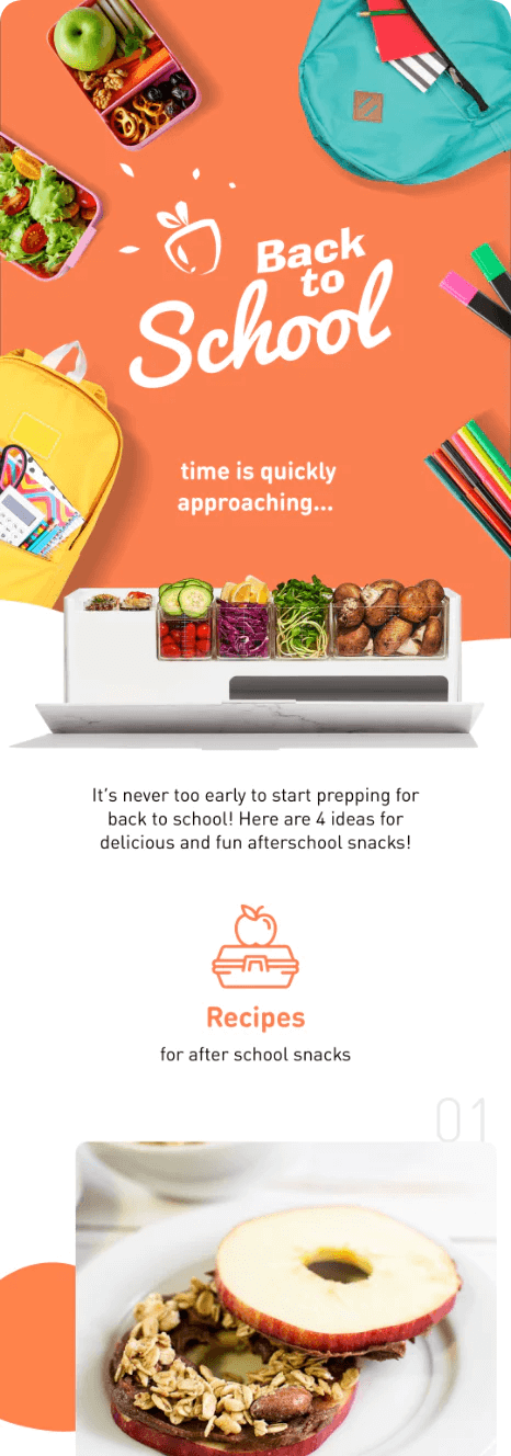 Back to school email with a selection of afterschool snack ideas