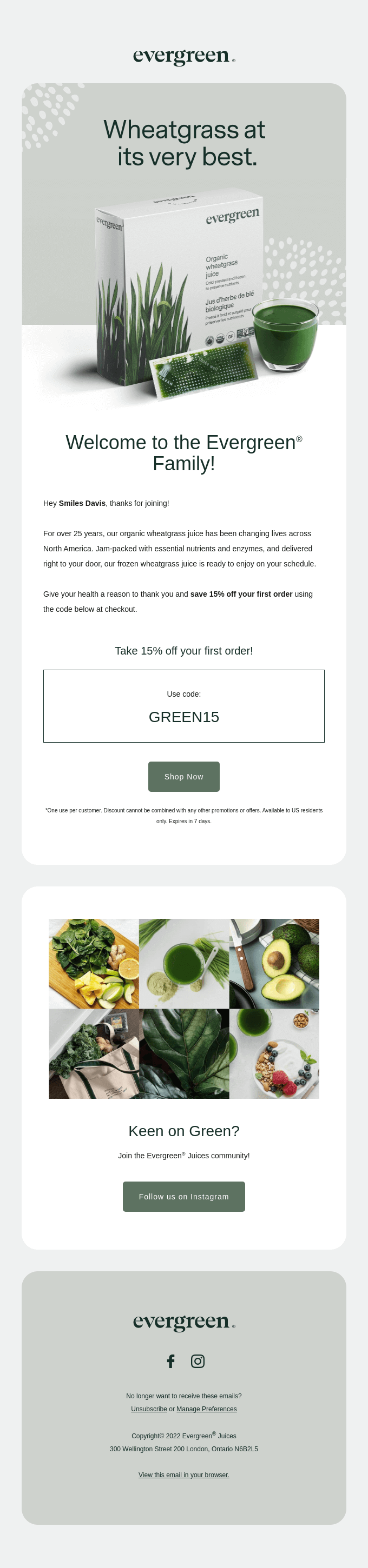 Welcome email with promo code from Evergreen