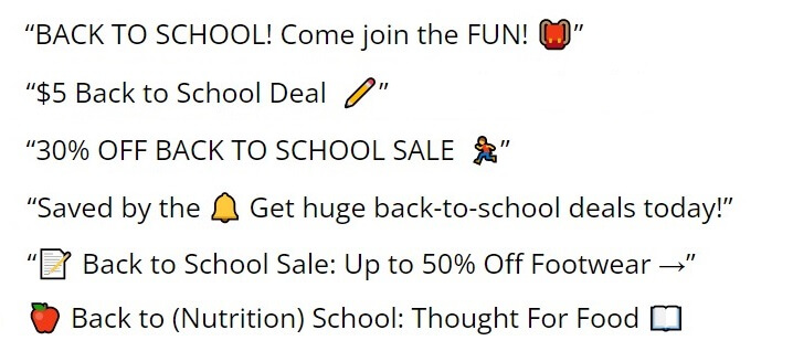 A selection of back-to-school subject lines with emojis that include backpack, bell, and stationery emojis
