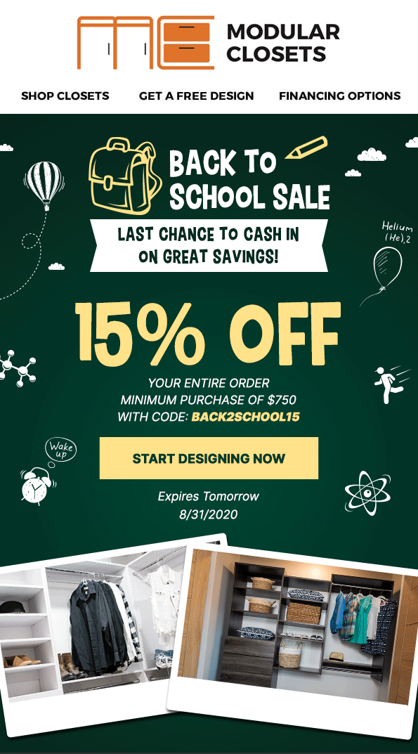 Back to school email that promotes a promo code that gives 15% off everything