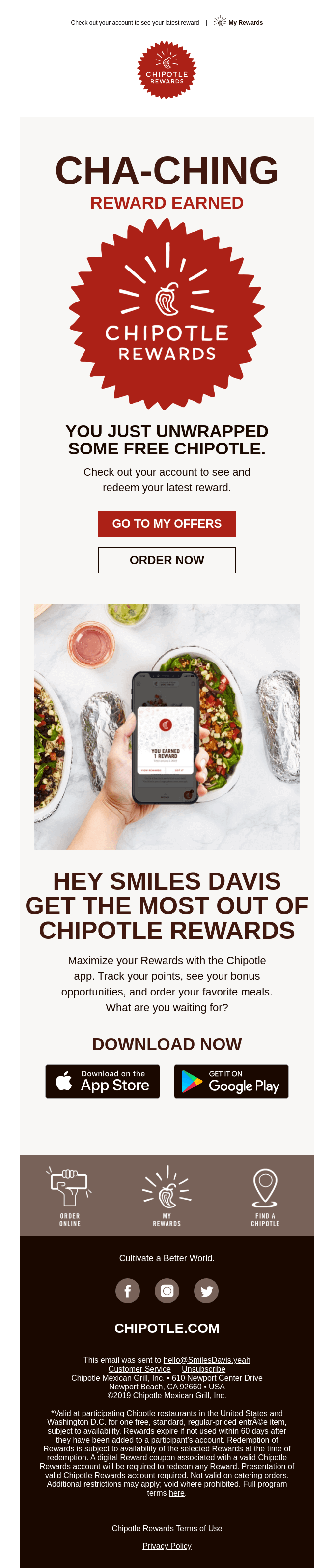 Reward notification email from Chipotle