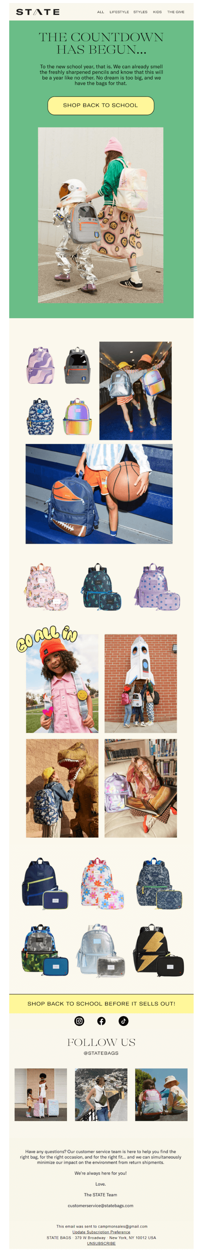 Email from State that features pictures of colorful backpacks and child and teenage models wearing them