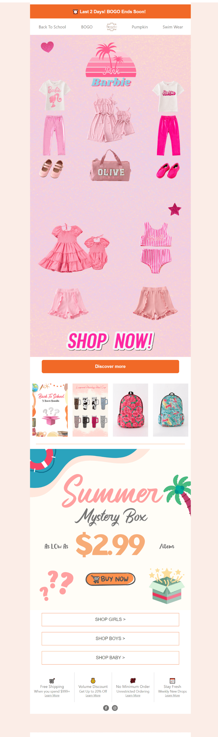 Email from Honeydew USA that promotes a selection of pink clothes and Barbie merch