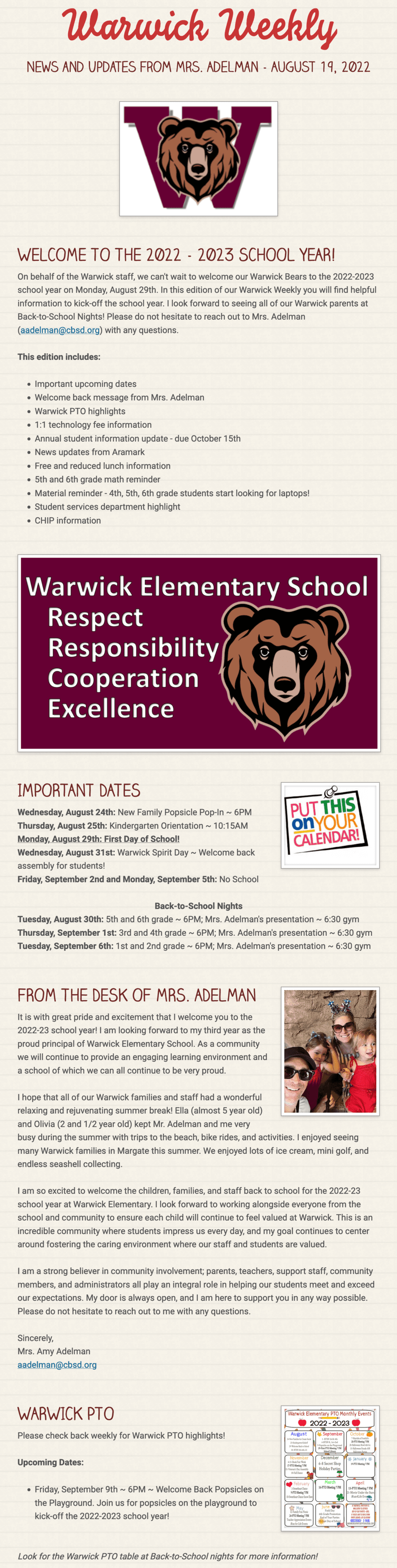 Warwick Weekly back-to-school email fragment with the school’s logo, calendar, and message from a teacher