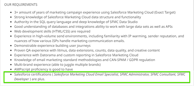 Job listing for an email marketing position with certifications as a requirement.