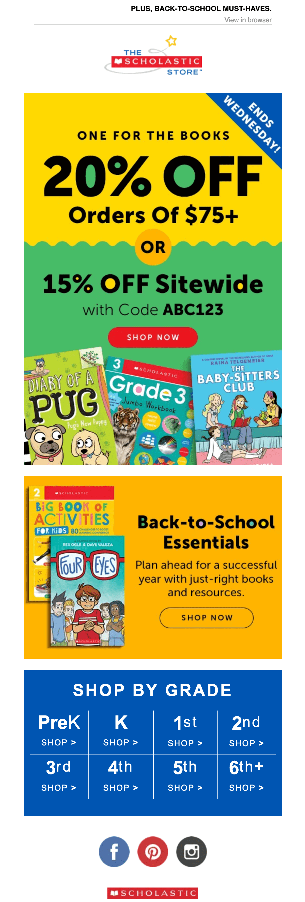 Back-to-school email with site-wide and book discounts and a footer with links to shop by grade