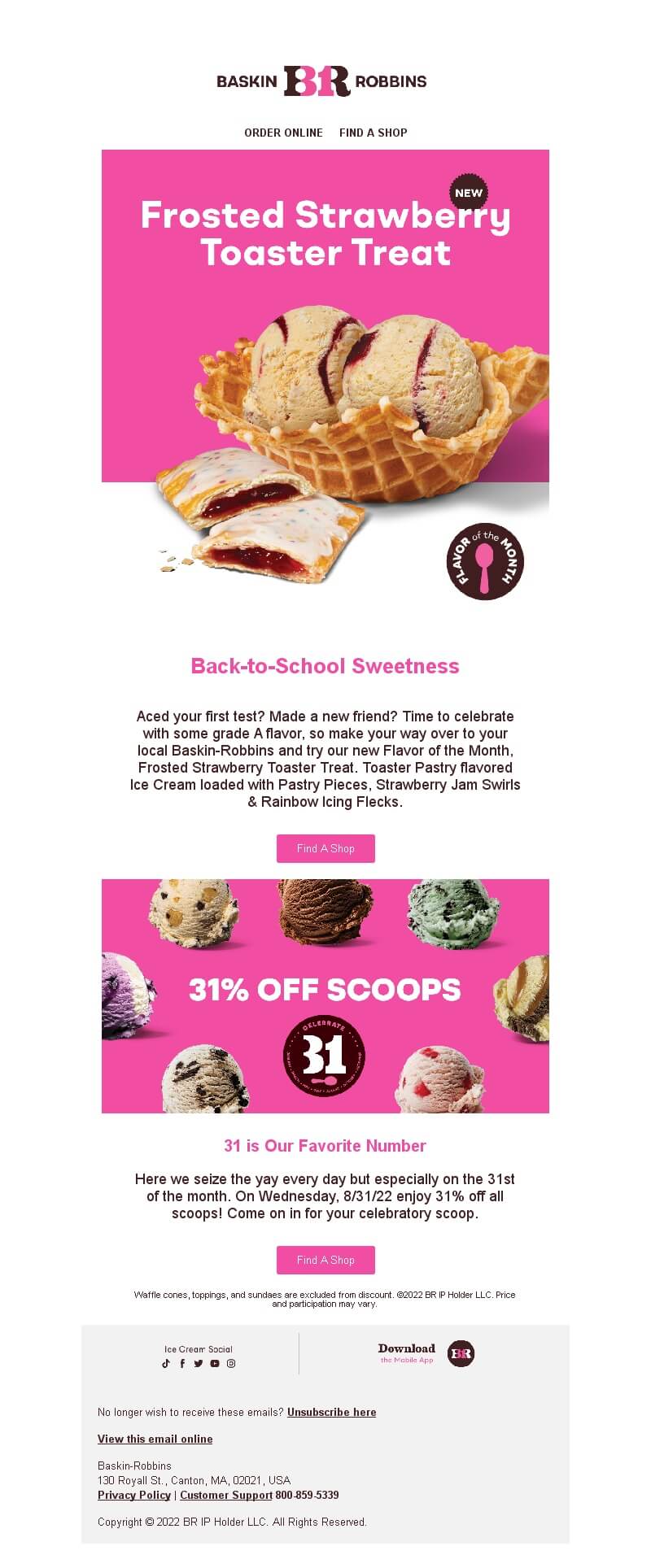 Special offer email from Baskin-Robbins