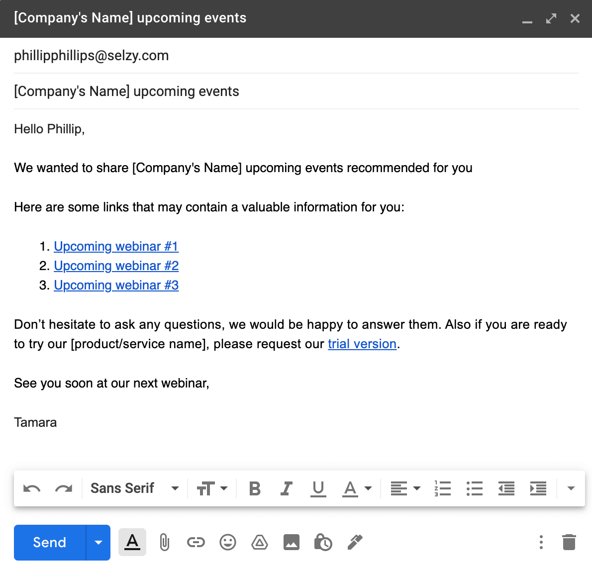 Third follow-up email with upcoming events