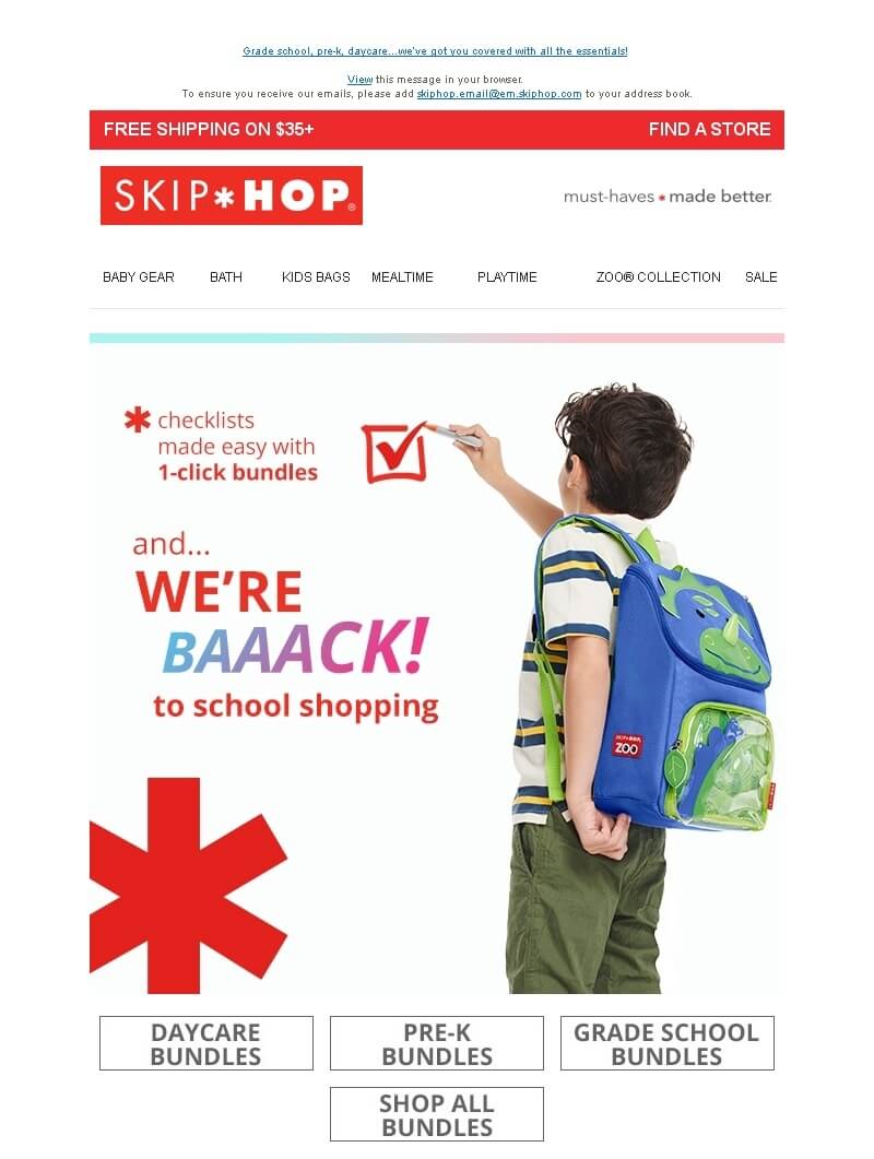 Back-to-school email from Skip Hop with a tagline “Checklists made easy with 1-click bundles”