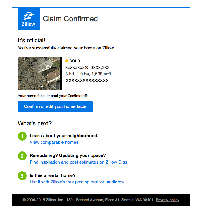 Claim confirmation from Zillow