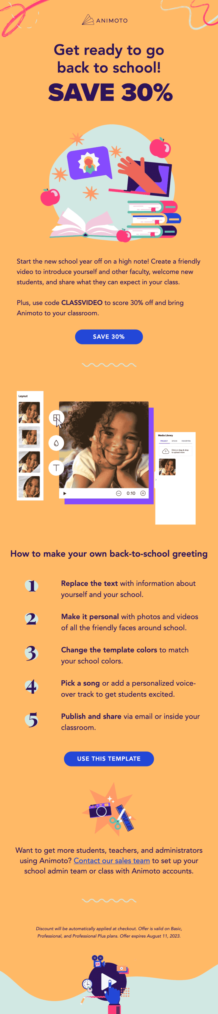 Back-to-school email with instructions on how to create a greeting video for students